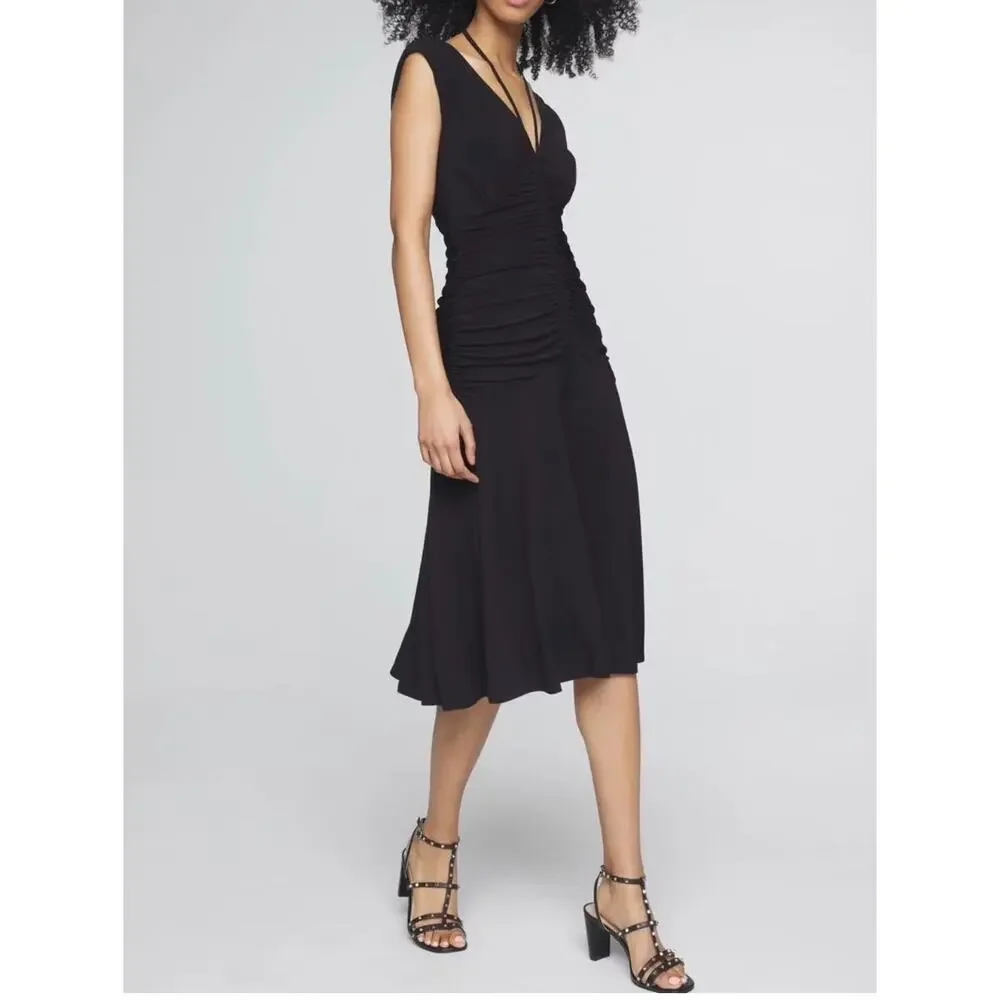 WHBM Black Ruched Midi Dress Size 6 Drop Waist V Neck Fit Flare Dress